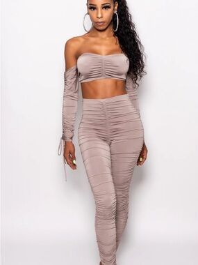 Ruched Off-Shoulder Crop Top & High-Waist Pants Set - Taupe